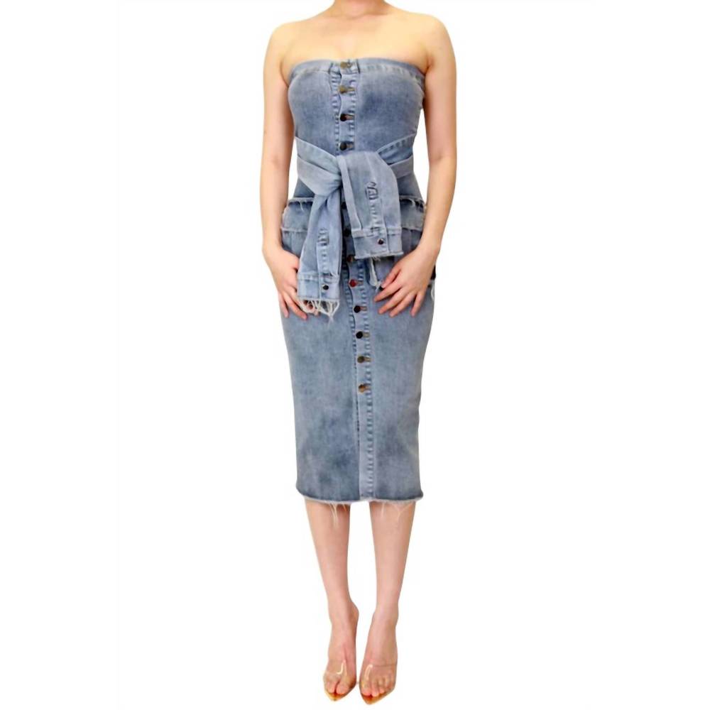 NEW MY BOO strapless dress with tie in denim